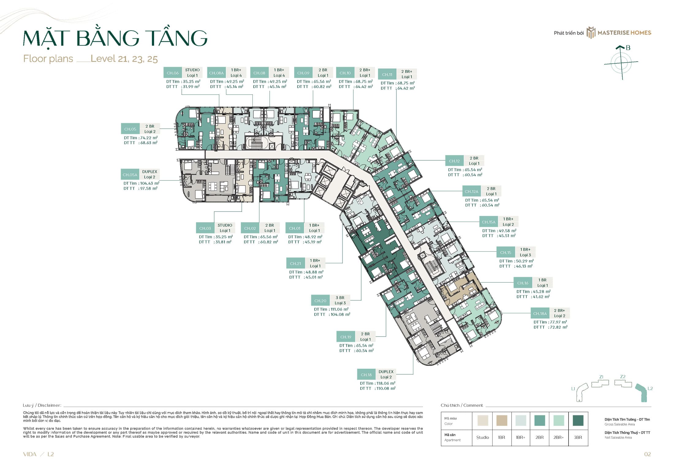 Mặt bằng điển hình Tầng 21, Tầng 23 và Tầng 25 tòa L2 Vida dự án căn hộ Lumière SpringBay.