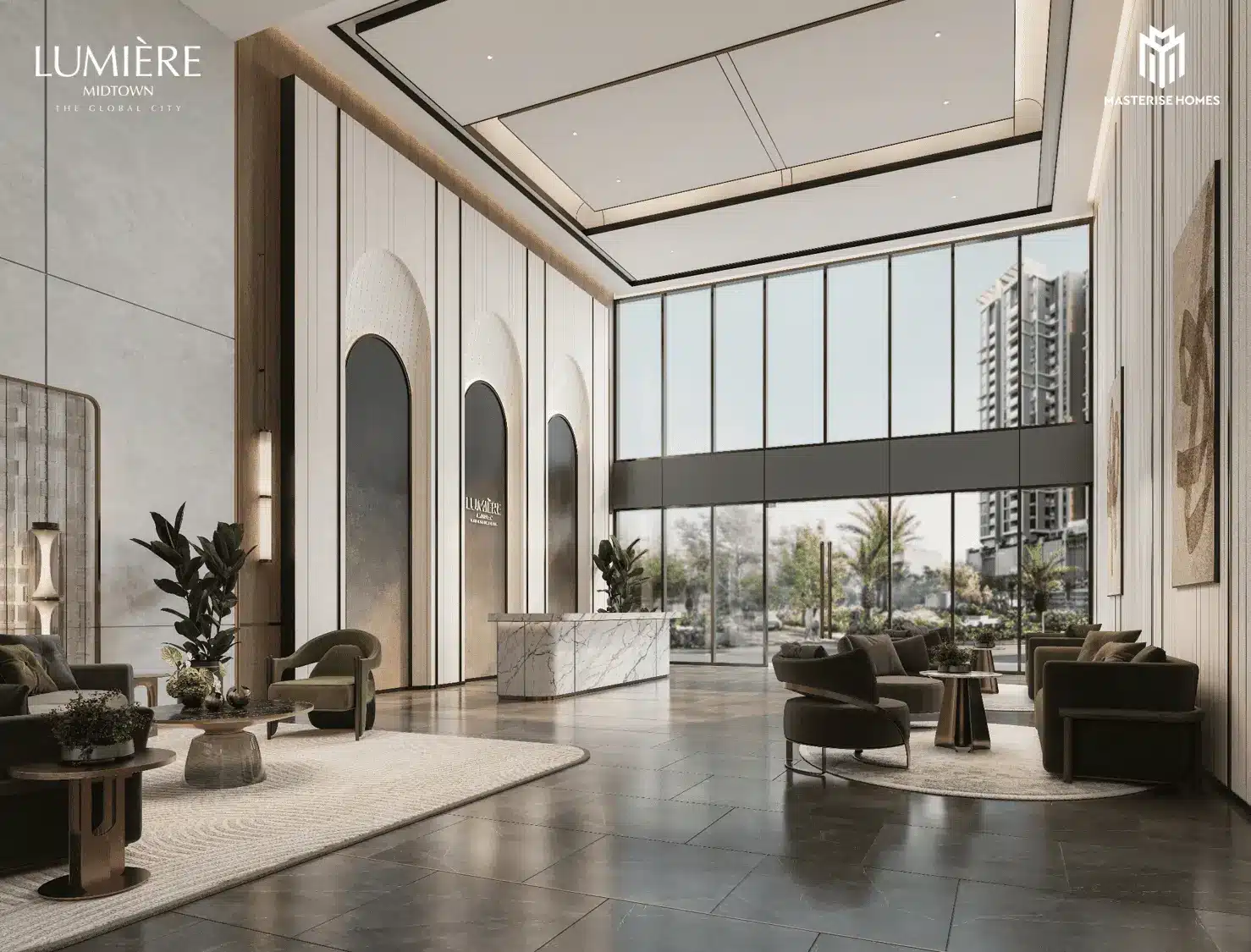 Không gian sang trọng và hiện đại tại sảnh đón khách của LUMIÈRE Midtown, nơi tập trung tinh hoa kiến trúc.