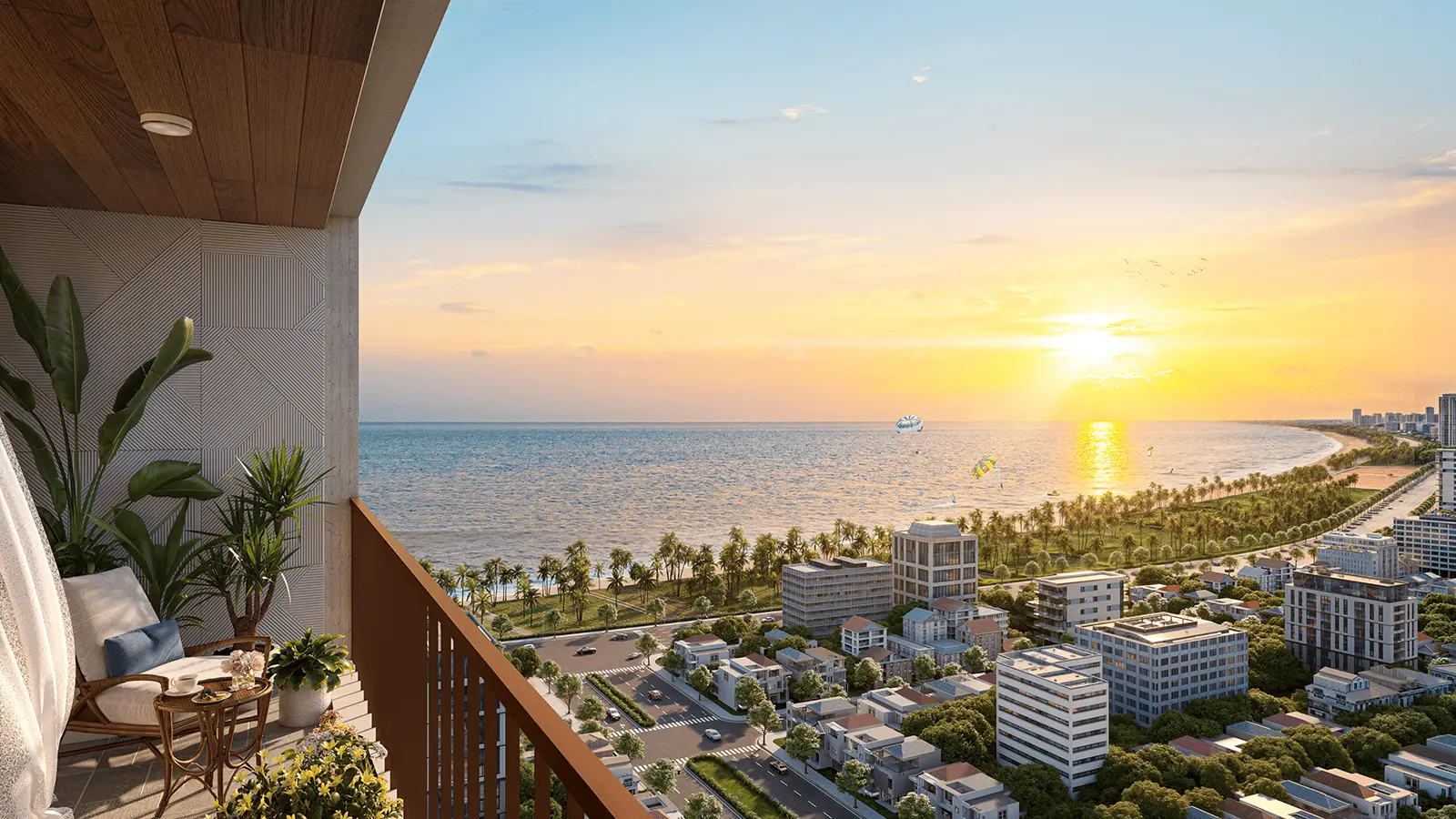 Tận hưởng view biển Mỹ Khê tuyệt đẹp từ ban công căn hộ Sun Costa Residences Đà Nẵng.