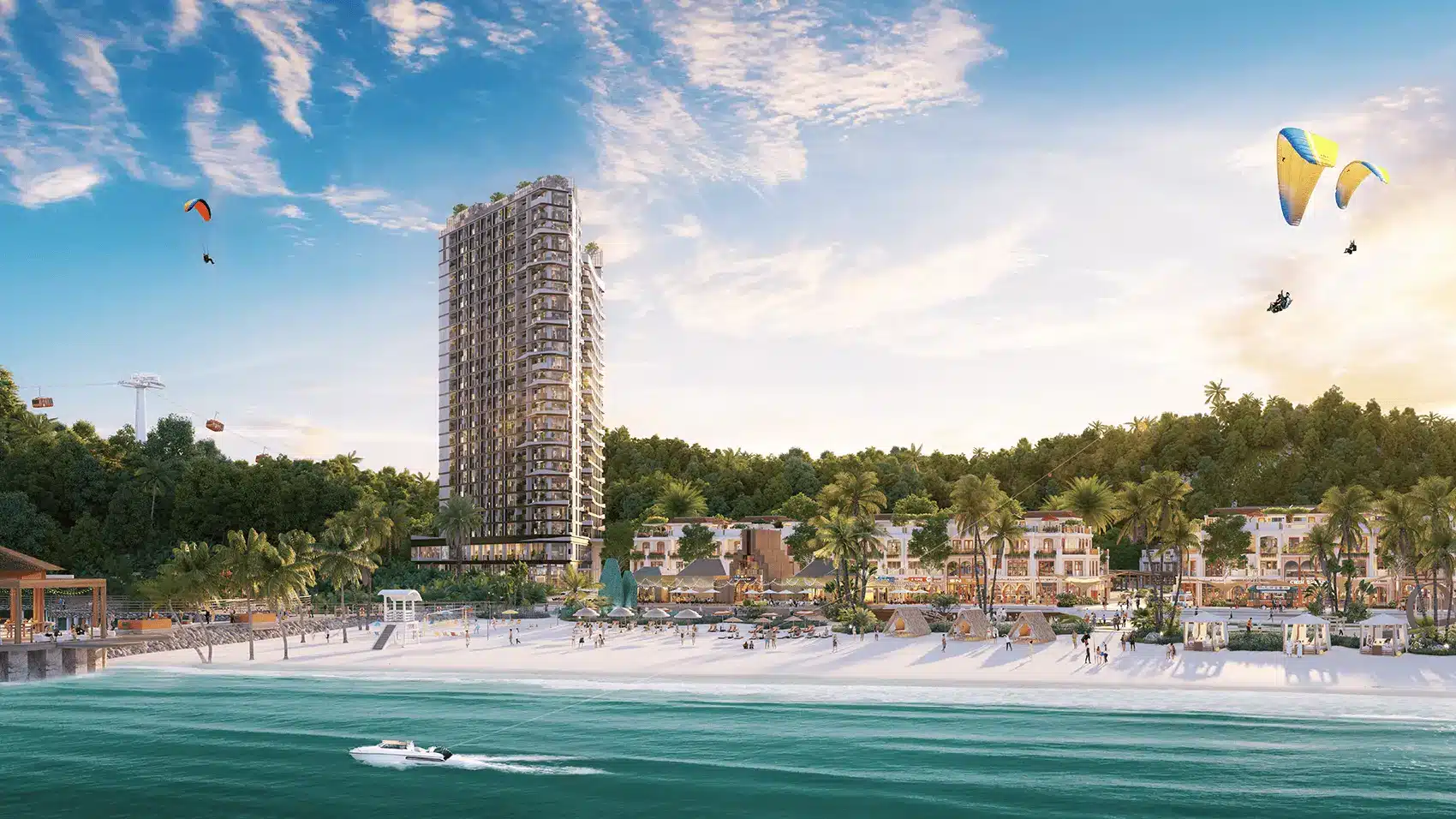 Toàn cảnh dự án Xanh Island Cát Bà với bãi biển và các khu căn hộ cao cấp.